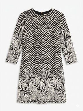 Prelude Black White Chevron Floral Knit Dress Size M 3/4 Sleeve Size M